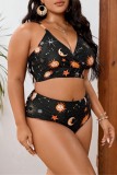 Sleeveless Sexy Starry Sky Print Backless Spaghetti Strap Bikini Sets Plus Size Vacation Swimwear (With Paddings)