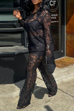 Sexy Lace Turndown Collar Long Sleeve See Long Tops Matching with Straight Pants Two Pieces Set