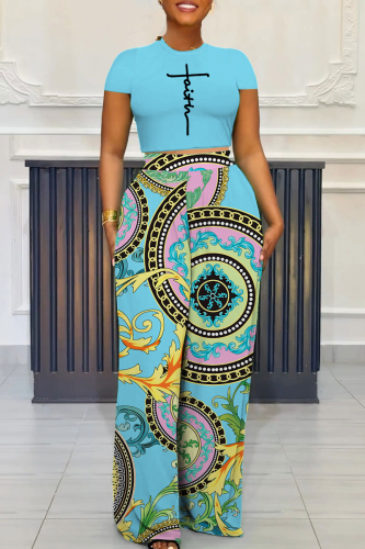 Letter Print Short Sleeve Pocket O Neck T Shirts And High Waist Pant Set Short Sleeve Two Pieces Trousers Set