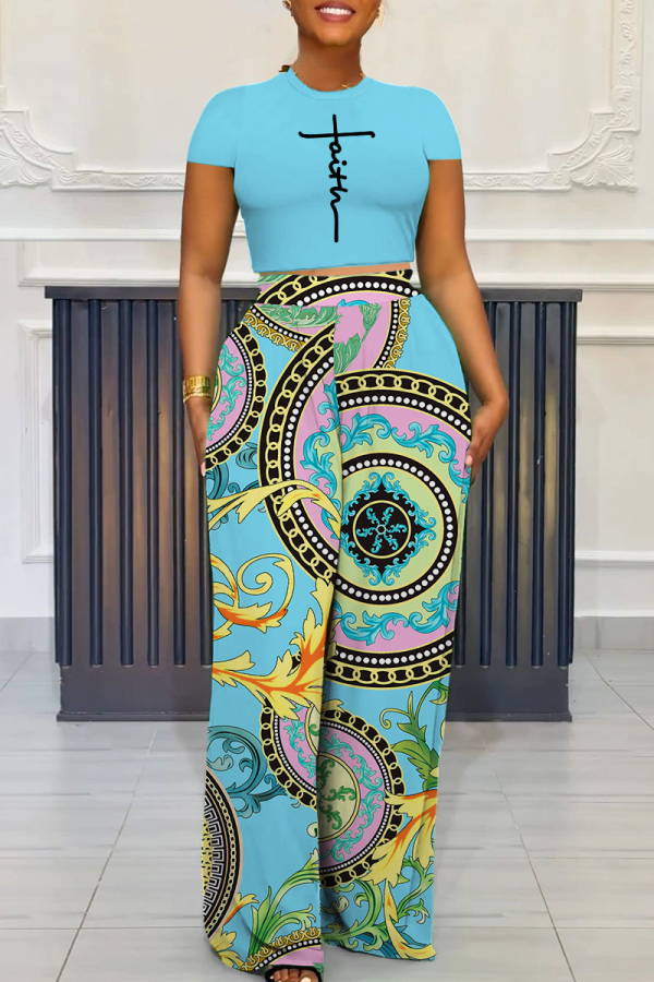 Letter Print Short Sleeve Pocket O Neck T Shirts And High Waist Pant Set Short Sleeve Two Pieces Trousers Set