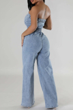 Street Buckle Strapless Sleeveless Loose Tube Wide Leg Denim Jumpsuits