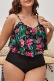 Sleeveless Sexy Floral Tropical Print Backless Spaghetti Strap Ruffle Hem One Pieces Swimsuits Plus Size Vacation Swimwear (With Paddings)