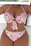 Sleeveless Off Shoulder Sexy Floral Print Front Tie Backless Belted Halter Beach Bikini Sets Vacation Swimsuit Plus Size Swimwear (With Paddings)
