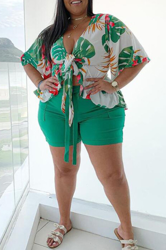 Casual Floral Tropical Print Front Tie Bandage Patchwork V Neck Plus Size Two Pieces Half Sleeve Blouse Vacation Shorts Matching Set