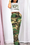 Letter Print Short Sleeve Pocket O Neck T Shirts And High Waist Pant Set Short Sleeve Two Pieces Trousers Set