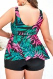Tropical Print Sleeveless Backless V Neck Two Pieces Tankini Sets With Shorts Plus Size Vacation Swimwear (With Paddings)