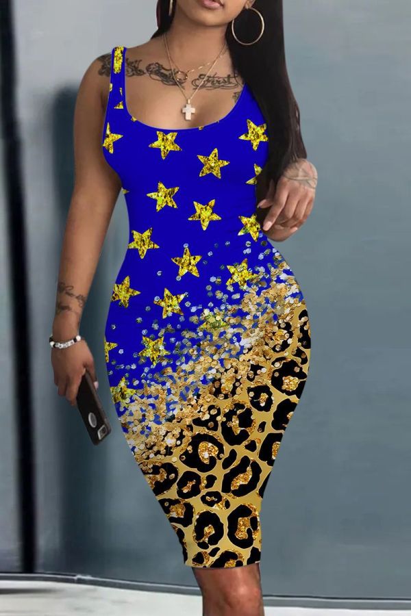 Casual Flag Stars Print U Neck Sleeveless Vest Tank Bodycon Midi Dress