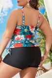 Sleeveless Floral Print Draw String Lace Up Backless U Neck Beach Tankini Sets With Shorts Vacation Swimsuit Plus Size Swimwear (With Paddings)
