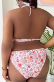 Sleeveless Off Shoulder Sexy Floral Print Front Tie Backless Belted Halter Beach Bikini Sets Vacation Swimsuit Plus Size Swimwear (With Paddings)