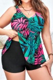 Tropical Print Sleeveless Backless V Neck Two Pieces Tankini Sets With Shorts Plus Size Vacation Swimwear (With Paddings)