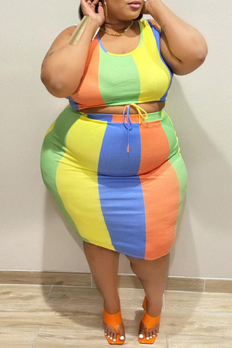 Casual Stripe Print Sleeveless U Neck Plus Size Wide Strap Tank Crop Tops And Midi Skirts Sets Vacation Two Piece Matching Set