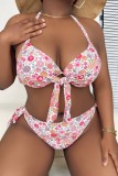 Sleeveless Off Shoulder Sexy Floral Print Front Tie Backless Belted Halter Beach Bikini Sets Vacation Swimsuit Plus Size Swimwear (With Paddings)