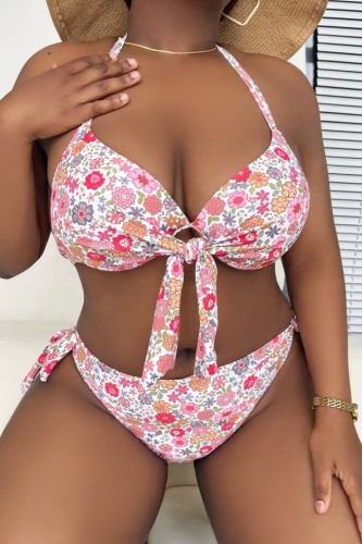 Sleeveless Off Shoulder Sexy Floral Print Front Tie Backless Belted Halter Beach Bikini Sets Vacation Swimsuit Plus Size Swimwear (With Paddings)