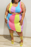 Casual Stripe Print Sleeveless U Neck Plus Size Wide Strap Tank Crop Tops And Midi Skirts Sets Vacation Two Piece Matching Set