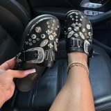 Casual Rivets Patchwork Round Flats Shoes Women's Wedge Platform Mules With Metallic Rhinestone Decorated Flat Sole Shoes