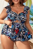 Sleeveless Floral Print Hollow Out Backless Ruffle Trim Spaghetti Strap Beach Swim Dress And Brief Sets Plus Size Vacation Swimwear (With Paddings)