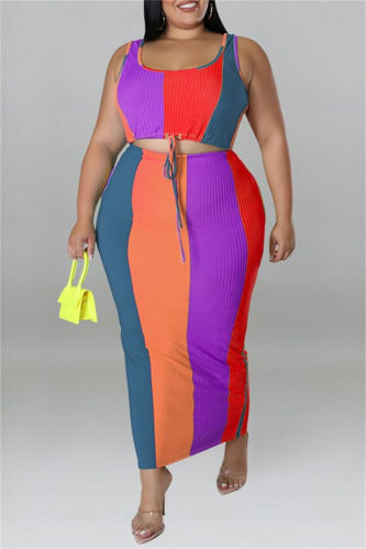 Stripe Print Sleeveless Front Tie Contrast U Neck Crop Tops And Maxi Skirts Sets For Vacation Plus Size Two Pieces Matching Set