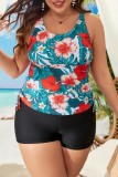 Sleeveless Floral Print Draw String Lace Up Backless U Neck Beach Tankini Sets With Shorts Vacation Swimsuit Plus Size Swimwear (With Paddings)