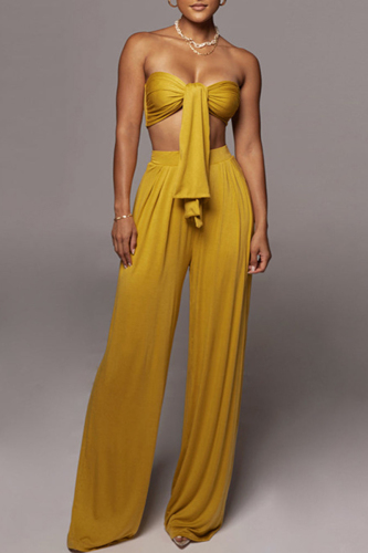 Casual Strapless Sleeveless Front Tie Belted Tube Tops And Wide Leg Pants Sets Vacation Matching Set