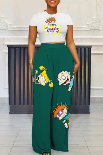Casual Cartoon Print  O Neck Short Sleeve T Shirt And High Waist Pocket Pant Set Two Pieces Trousers Set