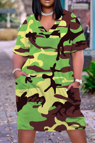Casual African Print V Neck Short Sleeve Pokcets Loose T-Shirt Midi Dress