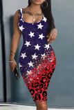 Casual Flag Stars Print U Neck Sleeveless Vest Tank Bodycon Midi Dress