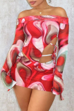 Sexy Ombre Print Off Shoulder Hollow Out Long Sleeve Tops And Side Split Lace Up Mini Skirts Sets Vacation 2 Piece Skirts Set