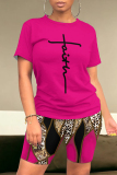 Casual Leopard Print Letter Print Patchwork O Neck Short Sleeve Two Pieces T-shirt Tops And Shorts Sets