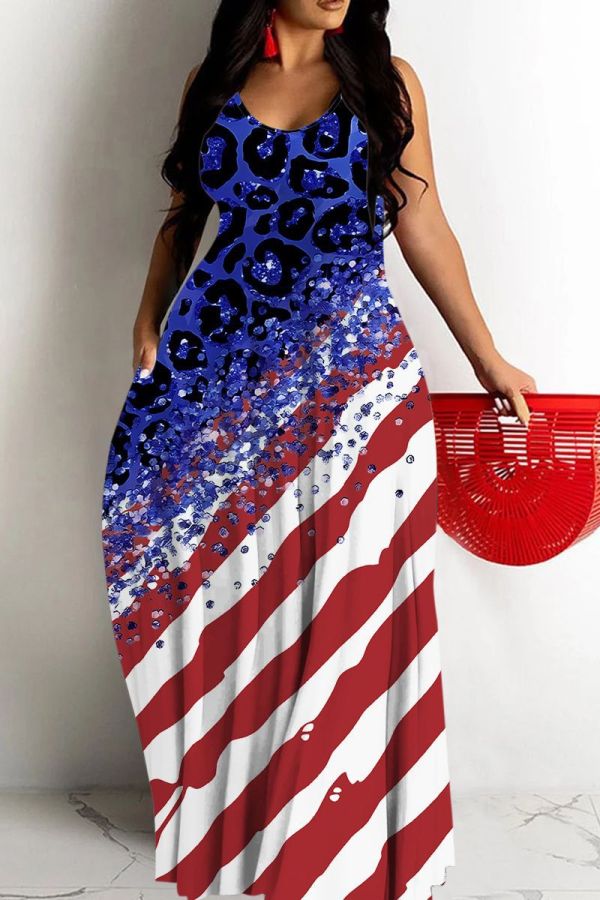 Sleeveless Floor Length Sexy Casual Flag Star Print Backless With Pockets Spaghetti Strap Long Loose Maxi Tank Dresses For Independence Day