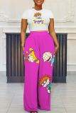 Casual Cartoon Print  O Neck Short Sleeve T Shirt And High Waist Pocket Pant Set Two Pieces Trousers Set