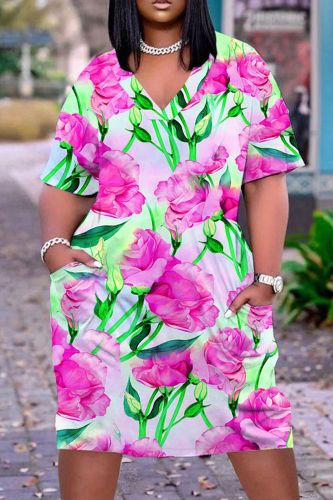 Casual Tie Dye Print V Neck Short Sleeve Pockets Loose Midi T-shirts Dress
