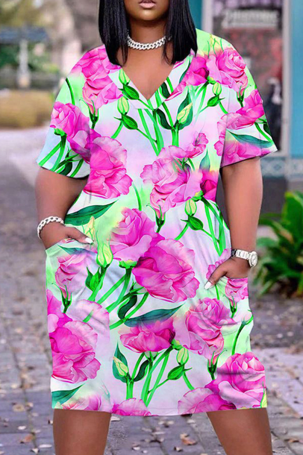 Casual Tie Dye Print V Neck Short Sleeve Pockets Loose Midi T-shirts Dress