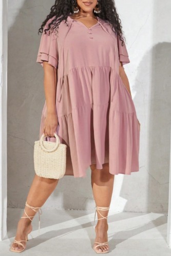 Casual Daily V Neck Short Sleeve Ruffle Hem Front Lace Up Plus Size A Line Mini Dresses