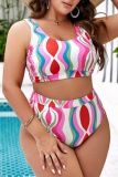 Sexy Stripe Print Backless Sleeveless U Neck Beach Vacation Bikini Sets Plus Size Swimwear (With Paddings)