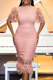Party Hubble-Bubble Sleeve Half A Turtleneck Feathers Hem Wrapped Skirt Bodycon Midi Dresses