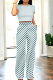 Casual O Neck Short Sleeve T Shirt And Ploka Dot Pocket Hight Waist Straight Pants Two Pieces Trousers Set