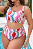 Sexy Stripe Print Backless Sleeveless U Neck Beach Vacation Bikini Sets Plus Size Swimwear (With Paddings)
