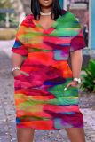 Casual Tie Dye Print V Neck Short Sleeve Pockets Loose Midi T-shirts Dress