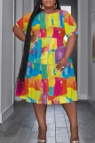 Casual Colorblock Print O Neck Short Sleeve Plus Size A Line Pleated T-shirt Midi Dresses