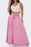 Casual Solid High Waist Raw Hem Fitted Denim Maxi Skirts