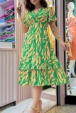 Casual Daily Leaf Print V Neck Short Sleeve Ruffle Trim Stringy Selvedge Ruffle Hem Vacation A Line Midi Dress