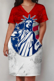 Casual American Flag Star Print V Neck Short Sleeve Pocket Plus Size Loose T Shirt Midi Dress