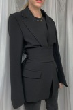 Business Wear Turn-back Collar Long Sleeves Belted Pocket Blazer Jacket
