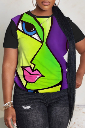 Casual 3D Face Print O Neck Short Sleeve Baggy Graphic T Shirt