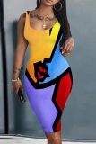 Casual Face Print U Neck Sleeveless Backless Vest Bodycon Tank Midi Dresses