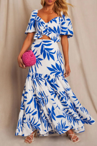 Casual Leaf Print Contrast V Neck Short Sleeve Thigh Split Crop Tops And Ruffle Hem Maxi Skirt Two Pieces Vacation Matching Sets