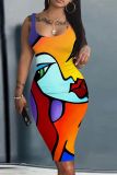 Casual Face Print U Neck Sleeveless Backless Vest Bodycon Tank Midi Dresses