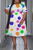 Casual Floral Print O Neck Short Sleeve Plus Size Pleated T Shirt Midi Dresses