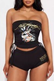 Sexy Casual Cartoon Print Backless Strapless Sleeveless Draw String Lace Up Tube Crop Tops And Shorts Sets Two Pieces Matching Sets