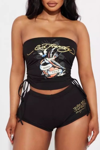 Sexy Casual Cartoon Print Backless Strapless Sleeveless Draw String Lace Up Tube Crop Tops And Shorts Sets Two Pieces Matching Sets
